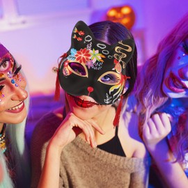 Kichvoe Kitsune Fox Mask, Cat Mask Japanese Kimono Kabuki Bunny Accessories Theater Mask Masquerade Costume Prop Black