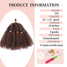 AMLUCKS Afro Kinky Hair 10 Inch 3 Packs Marley Twist Braiding Hair Pre-Separated Bulk Springy Braids for Cuban Twist Hair Faux Locs Crochet Synthetic Hair Extensions for Women (33#, 10inch)