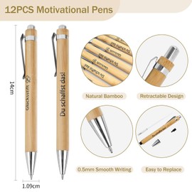 Pack of 12 Inspirational Bamboo Ballpoint Pens, Black Inks Motivation Retractable Ballpoint Pen, Motivation Quotes Wooden Lucky Pen, Pens Gifts with Saying Motivational du Schaffst Das for Colleagues