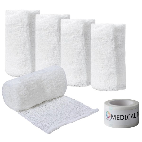 Sterile Krinkle Kerlix Type Gauze Bandage Rolls [Pack of 5] Highly Absorbent Fluff 100% Cotton Bandages Roll 4.5"x4.1yds 6-Ply - Individually Wrapped Mesh Gauzes + 1 Roll of Vakly Medical Tape