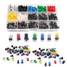 HAXIHA 375 Pieces 6 x 6 mm Tactile Push Button Switch Miniature Micro Button Tactile Push Button Switch Miniature/Mini (4 Pin) with Button Caps of 7 Colours