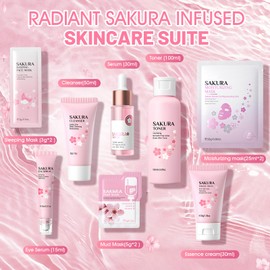Face Cream, Cleanser, Toner, Eye Serum, Serum, Sleep Mask, Mud Mask, Face Care Set Women, Sakura Skincare Set, Gift Set Women Sakura, Face Cleansing Set, Pack of 11