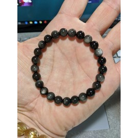 RAYON SILVER Obsidian Bead Bracelet for Men or Women Stretch 8mm 7 7.5 8 8.5 inch