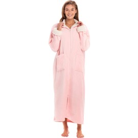 Alexander Del Rossa Long Zip Up Robes for Women, Plush Zipper Robes for Women Plus Size, Housecoats for Women Zipper Front Pink Rose Quartz with Cream Large (A0258RSCLG)