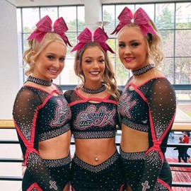 OAOLEER 6PCS Glitter Cheer Hair Bows for Cheerleading, Shiny Rhinestones Large Jumbo Cheer Bow with Ponytail Holder for Teen Girls Cheerleader (Hot Pink)