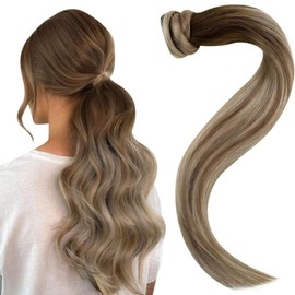 Easyouth Balayage Ponytail Hair Extensions Real Hair Wrap Around Ponytail Extensions Ombre Brown to Medium Blonde Ponytail Human Hair 12 Inch 70g