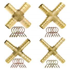 YIXISI 4-Way Brass Fuel Hose Connector - 6/8/10/12 mm Cross Barbed Joiner with 12 Hose Clamps, for Air, Water, Gas, Oil