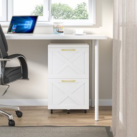 2 Drawer Small File Cabinet with Wheels, Farmhouse Vertical Filing Cabinet Fits A4/Letter Size, Under Desk Rolling File Cabinets for Home Office, Wooden Printer Stand, White