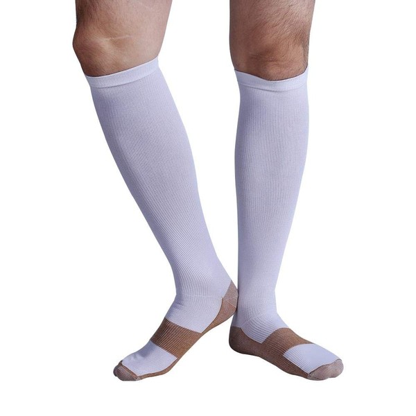 Bcurb Graduated Compression Copper Socks (3 Pair) Below Knee Calves High Support Recovery Stockings Aid Blood Circulation Relieves Feet Foot Calf Ankle Pain and Aches (White, Small/Medium)
