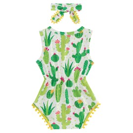 Baby Girl Rompers Summer Clothes Set Cute Cactus Bodysuit for Toddler Kids 18-24 Months with Headband 2Pcs Outfit Sleeveless Jumpsuit