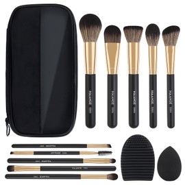 Brochas de Maquillaje Set 10 PCs Profesional Kit de Pinceles de Maquillaje Kabuki Sombra de Ojos Brocha Maquillaje con Esponja de Maquillaje (oro negro)