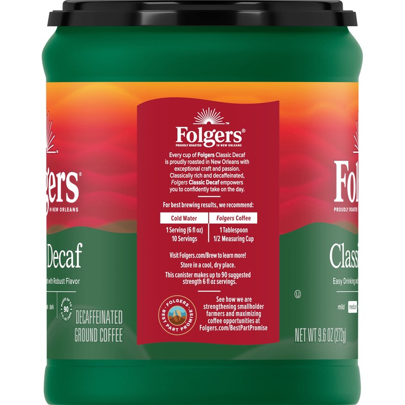 Folgers Decaf Coffee, Ground Coffee, Classic Medium Roast, 9.6 Ounce