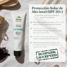 MAYA SOLAR Protector Solar Facial FPS 50+ para Piel Sensible 50 ml | Libre de Aroma e Hipoalergénico | Textura Ultra-Ligera, No Grasosa ni Pegajosa | 