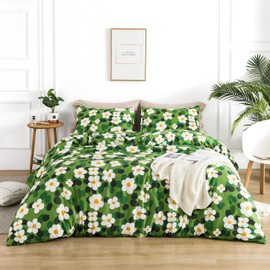 YuHeGuoJi Watercolor Floral Duvet Cover King 100% Cotton Sage Green Plant Duvet Cover 3 Pcs Set 1 Cartoon White Flower Duvet Cover with Zipper Ties 2 Pillowcases Garden Botanical Bedding Set