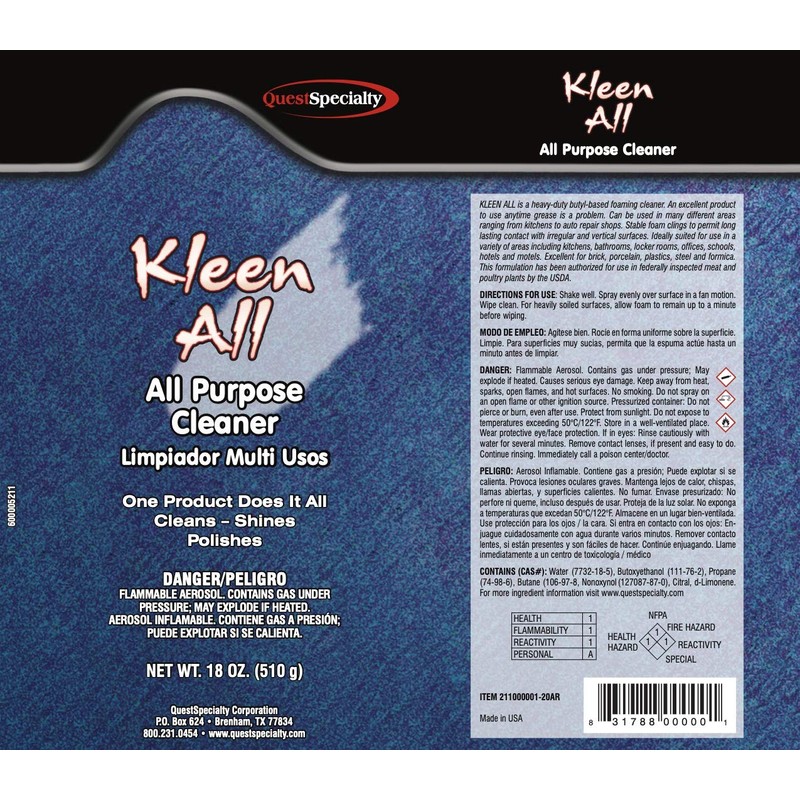 Quest Specialty KLEEN ALL All purpose Cleaner, 20 oz. can,