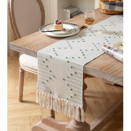 Boho Table Runner 13 x 108 Inch Long Natural Cotton Woven Runner with Tassels for Home Dining Table décor, for Modern Farmhouse Decor Coffee Table Runner, Green and Beige