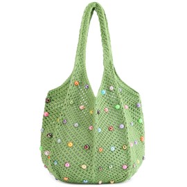 TINYAT Crochet Tote Bag for Women Mesh Summer Beach Bag Large Knitted Bag Woven Shoulder Handbag Vacation Aesthetic Hobo Bag