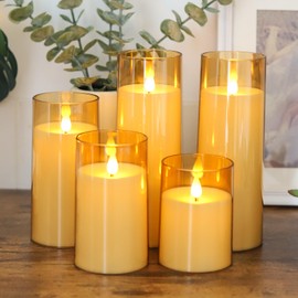 Fo32won Amber LED Flameless Pillar Candles Battery Operated with Remote and Timer, Set of 5 (D 3"×H 4" 5" 6" 8" 8") Plexiglass LED Flickering Candles with 3D Flame