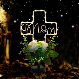 Lmtocs Solar Grave Decorations for Cemetery Mom, Exclusive to Mom Memorial Cemetery Decorations, Waterproof Solar Cross Lights with Rose Flower for Christmas Mother Day Memorial Day Decor