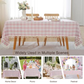 JIALE Pink Checkered Table Cloth Rectangle Cotton Linen Fabric Gingham Tablecloth with Tassel Washable Wrinkle Free Buffalo Plaid Table Cover for Spring Picnic Kitchen Dining, Pink and White, 55x75''