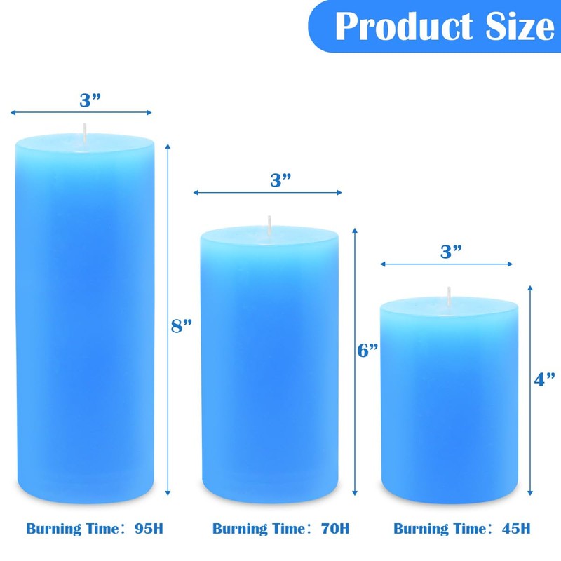 Blue Pillar Candles Set of 3 - Dripless Unscented -