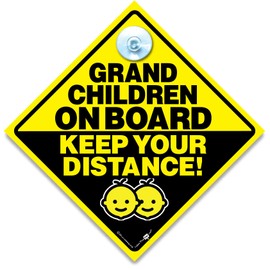 Grandchildren On Board Car Sign Keep Your Distance, Yellow Diamond Warning Sign with Suction Cup, 14 x 14 cm