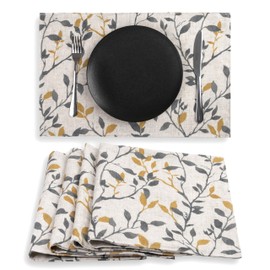 Inselnwald Leaves Printed Linen Placemats Set of 4 for Dining Table, 12 x 18 Inch for Kitchen Decoration Cabin Holiday Rustic Vintage Elegant Two Layers Washable Rectangular Table Place Yellow