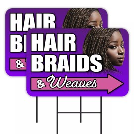 Hair Braids & Weaves 2 Pack Double-Sided Yard Signs 16" x 24" with Metal Stakes