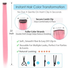 12 extensiones de cabello rosa con clip de 22 pulgadas, extensiones de cabello liso de color para niñas, reflejos coloridos para fiestas, regalos (ros
