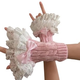 Y2K Women Teen Girls Knitted Arm Warmers Japanese Harajuke Cosplay Lolita Cute Fingerless Mittens Thumb Hole Gloves (Pink, One Size)