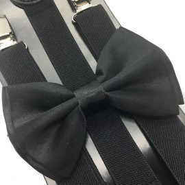 Coool Black Clip on Bow-Tie & Suspender Set Tuxedo Wedding Formal Prom (USA Seller)