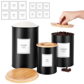 Canisters Sets for Kitchen Countertop, Black Metal Kitchen Canisters Set of 3, Flour and Sugar Storage Containers with Airtight Lid and Waterproof Stickers, Coffee and Tea Storage, Farmhouse Decor