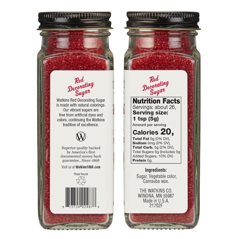 Watkins Red Decorating Sugar (No Artificial Dyes), Non-GMO, Kosher, 4.7