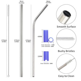 16-Piece Reusable 316 Stainless Steel Straws Set with Silicone Tips - 4 Straight & 2 Bent 8.5" Straws, Cleaner Brush, Pouch | Food-Safe, Gum Comfort, Scratch-Free Base