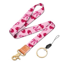 SUPKOALA Cute Long Lanyard Holder with Golden Metal Clasp for Keys Wallets and ID Badge Holders Key Chain Holder for Men Women (Pink cherries bows)
