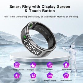 AMOVAN Smart Ring with Display Screen Health Tracker and Touch Button, Bluetooth Connection Health Ring Tracks Heart Rate/Blood Oxygen/Sleep/Sports Activities, IP68 Waterproof (Silver, 10#)