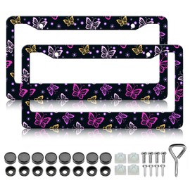 Colorful Butterfly License Plate Frames - 2 Pack Cute Butterfly Flying Stainless Steel License Plate Holder,Rust-Proof Waterproof Car Decorative Tag Frame with Screws Fasteners Caps
