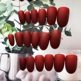 Bufenia 24 Pcs Oval False Nails Burgundy Almond Press on Nails Matte Acrylic Fake Nails for Women and Girls