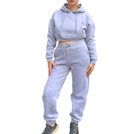 Women 2 Piece Outfits Lounge Set Cotton Fleece Sweatsuit Crop Hoodie & Jogger Pants Drawstring Long Sleeve Pocket Casual (US, Alpha, Small, Medium, Regular, Regular, Grey w/Hoodie)