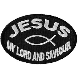 Patch, Embroidered Patch (Iron-On or Sew-On), Jesus My Lord and Saviour w/Fish Symbol, 3" x 2"