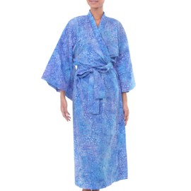 NOVICA Artisan Handmade Cotton Batik Robe Women's Clothing Blue Patterned Indonesia Floral ' Rushing River'