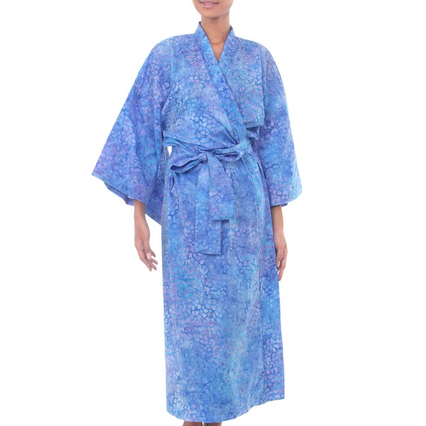 NOVICA Artisan Handmade Cotton Batik Robe Women's Clothing Blue Patterned