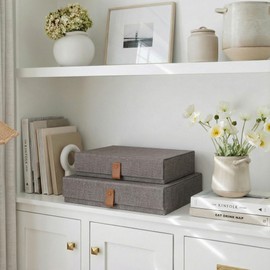 Decorative Photo Storage Boxes with Lids - Set of 2 Beautiful Linen Organizers Are Perfect to Safely Store Your Pictures, Documents, Scrapbooking Supplies, Keepsakes and Other Memories in Style
