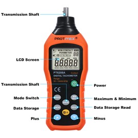 Protmex PT6208A Digital Contact Tachometer, Contact Measurement Speed Tach Meter, 50-19999RPM Speed Meter, Contact Tach RPM Meter with 100 Groups Data Logging, Data Hold, Max/Min/AVG, Backlight