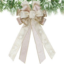 YKW Gran Lazo de Navidad 53.34 cm x 27.94 cm Crema Oro Purpurina Adorno para la Parte Superior del Árbol de Navidad Corona Puerta Decoración para Vacaciones Premium Hecho a Mano Cinta de Terciopelo