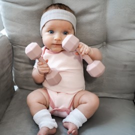 Baby Dumbbell Toy - Silicone Infant Rattle Teething Toy Teether Toddler Sensory Toy Durable Safe Exercises Workout Weight - Great Gift for Girls and Boys (1pcs - Sandy Brown)