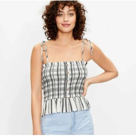 LOFT NEW Loft S Women's Top Tank White Black Tie Shoulder Smocked Cami Blouse