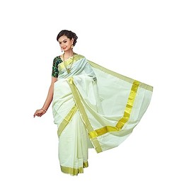 Kerala Saree Women's Cotton Off White Solid Plain Golden Zari Bordered Premium Traditional Elegance Onam Special Kavasu Saree (Plain Saree-430)