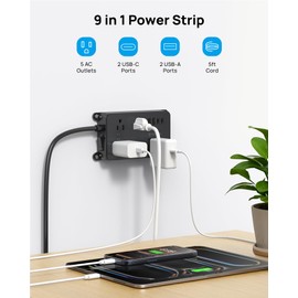 TROND Power Strip Surge Protector, 5 Widely-Spaced Outlets with 2 USB A and 2 USB C, ETL Listed, Wall Mountable, Flat Plug 5ft Extension Cord, 1300J, 14AWG Heavy Duty, for Office Kitchen, Black