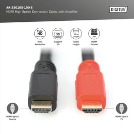 DIGITUS HDMI High Speed Connection Cable Type A M/M with Signal Amplifier 10.0m Full HD 1080p/60Hz Compatible with TV/Projector/Monitor Gold-Plated Contacts Black